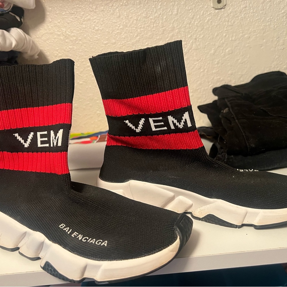 Balenciaga Black and Red Knit Sneakers